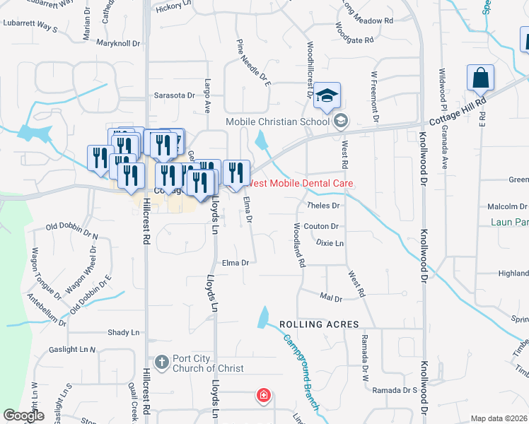 map of restaurants, bars, coffee shops, grocery stores, and more near 6024 Booker Circle in Mobile