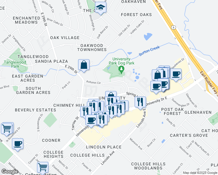 map of restaurants, bars, coffee shops, grocery stores, and more near 1001 Summer Court Circle in College Station