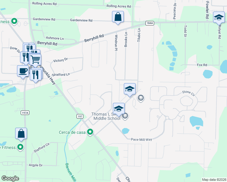 map of restaurants, bars, coffee shops, grocery stores, and more near 5612 Madelines Way in Pace