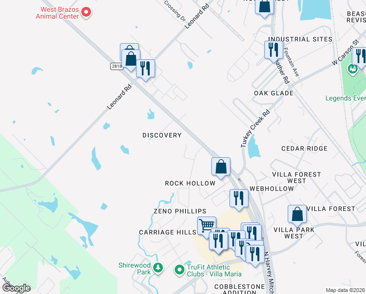 map of restaurants, bars, coffee shops, grocery stores, and more near 2802 Hard Rock Circle in Bryan