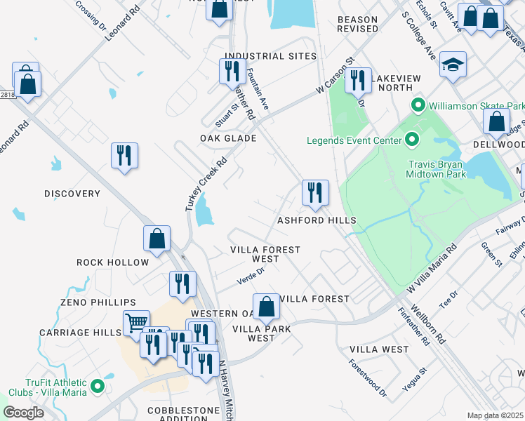 map of restaurants, bars, coffee shops, grocery stores, and more near 2706 Evergreen Circle in Bryan