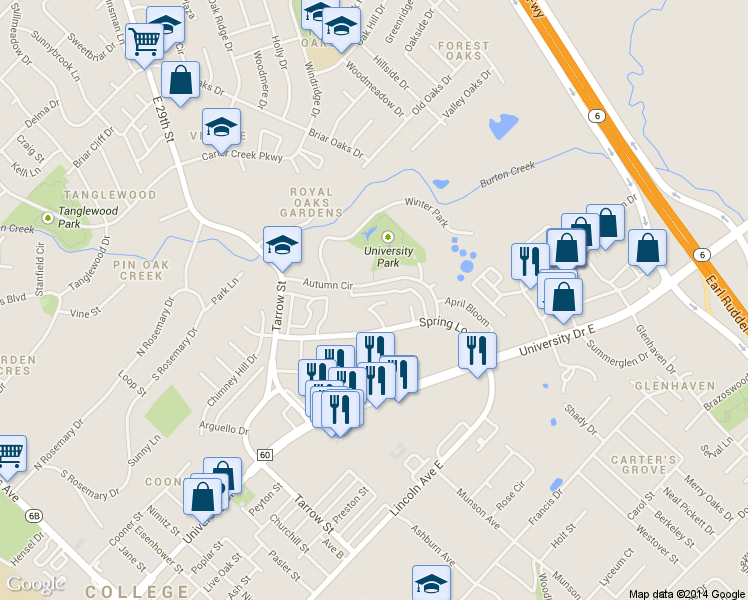 map of restaurants, bars, coffee shops, grocery stores, and more near 1005 Summer Court Circle in College Station