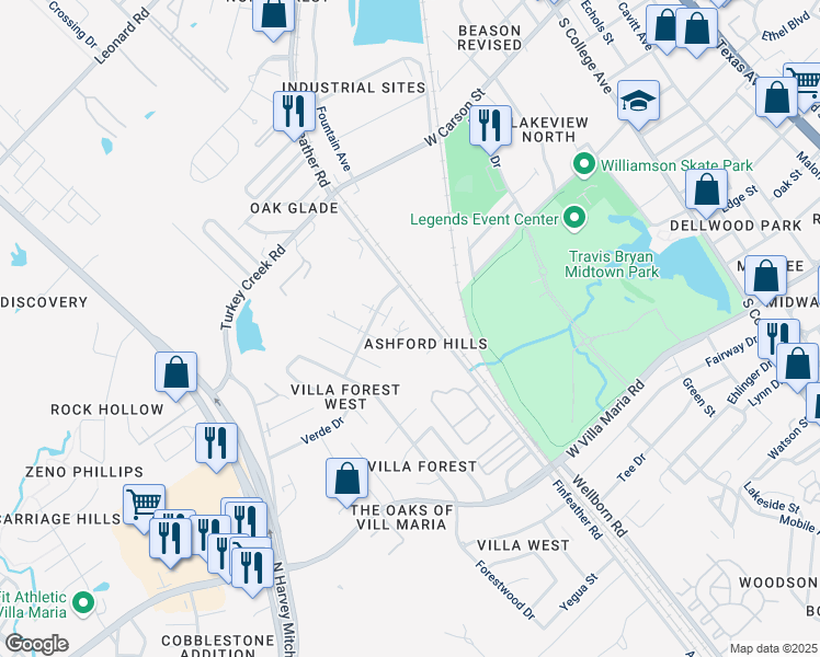 map of restaurants, bars, coffee shops, grocery stores, and more near 2805 Cypress Bend Circle in Bryan