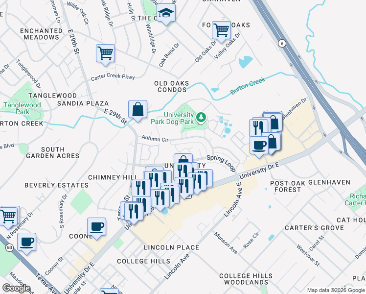 map of restaurants, bars, coffee shops, grocery stores, and more near 1003 Summer Court Circle in College Station
