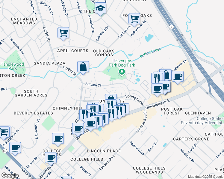 map of restaurants, bars, coffee shops, grocery stores, and more near 1005 Summer Court Circle in College Station