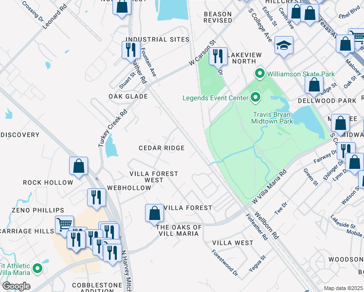 map of restaurants, bars, coffee shops, grocery stores, and more near 2805 Cypress Bend Circle in Bryan