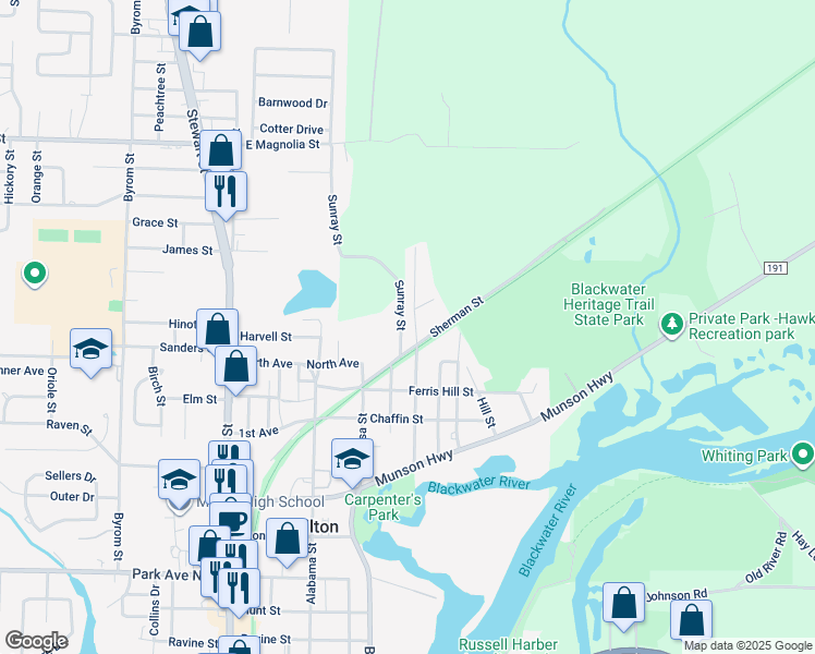 map of restaurants, bars, coffee shops, grocery stores, and more near 6850 Sherman Street in Milton