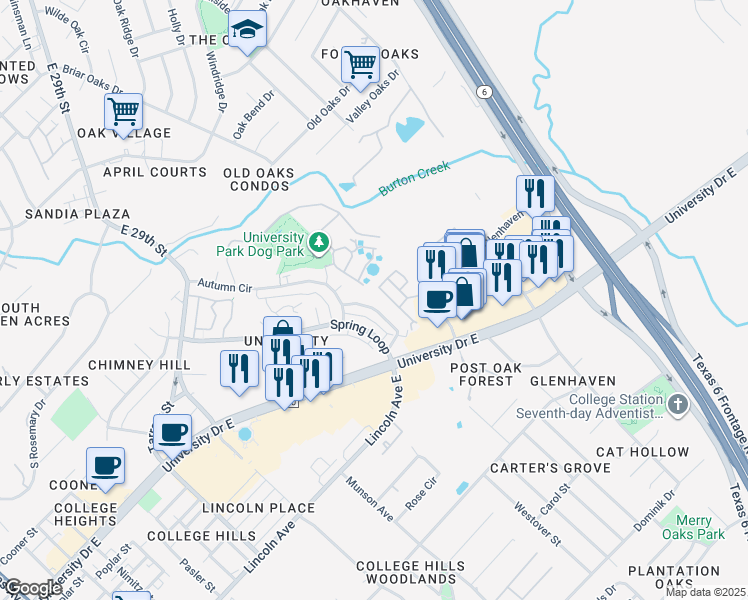map of restaurants, bars, coffee shops, grocery stores, and more near 112 Forest Drive in College Station