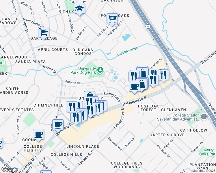 map of restaurants, bars, coffee shops, grocery stores, and more near 1202 April Bloom in College Station