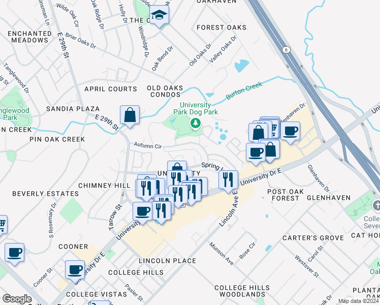 map of restaurants, bars, coffee shops, grocery stores, and more near 403A Fall Circle in College Station