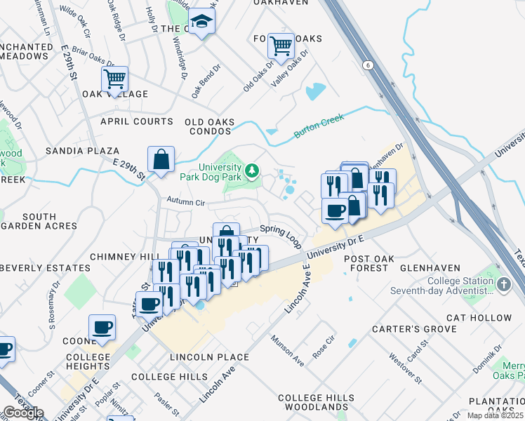 map of restaurants, bars, coffee shops, grocery stores, and more near 1106 Autumn Circle in College Station