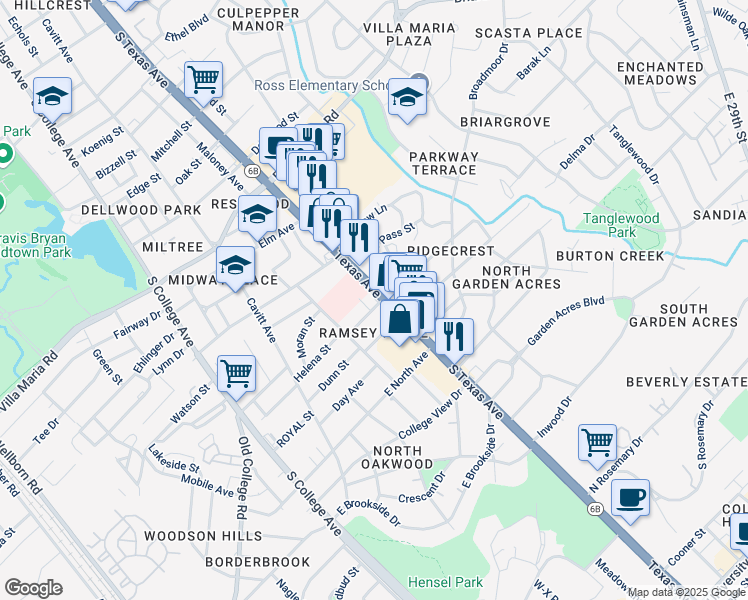 map of restaurants, bars, coffee shops, grocery stores, and more near 3410 South Texas Avenue in Bryan