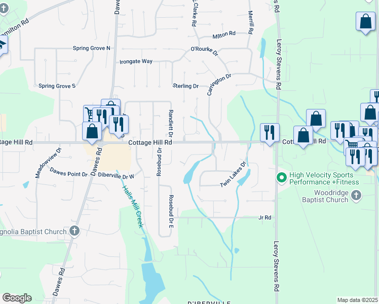map of restaurants, bars, coffee shops, grocery stores, and more near 8450 Placid Drive in Mobile
