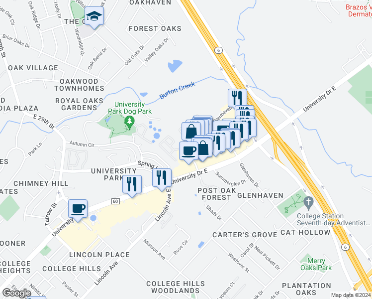 map of restaurants, bars, coffee shops, grocery stores, and more near 406 Forest Drive in College Station