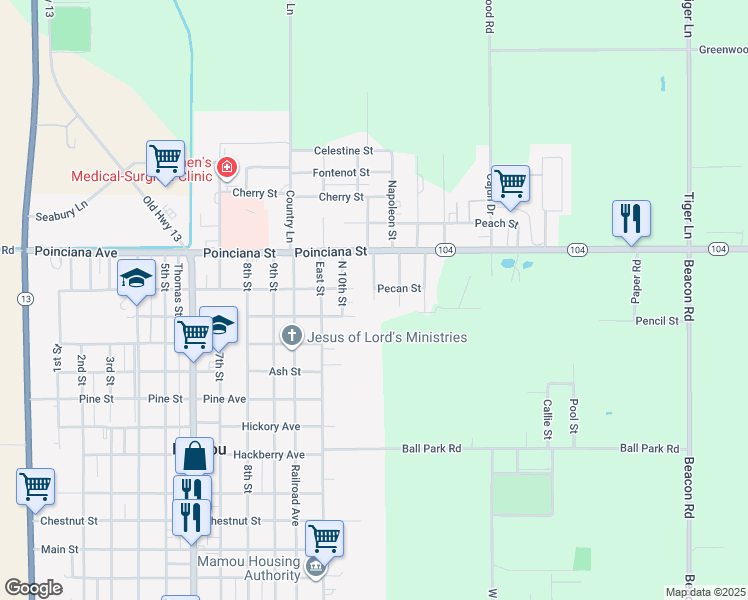 map of restaurants, bars, coffee shops, grocery stores, and more near 1201 Lee Street in Mamou