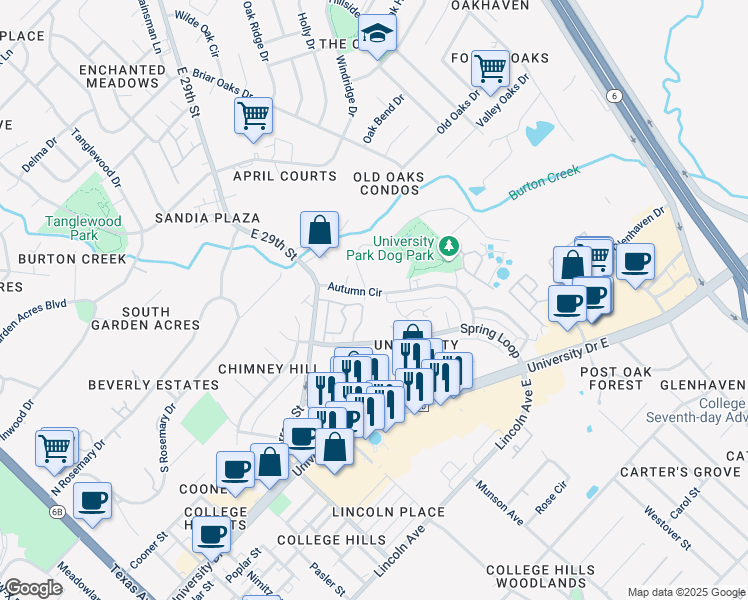 map of restaurants, bars, coffee shops, grocery stores, and more near 900 Autumn Circle in College Station