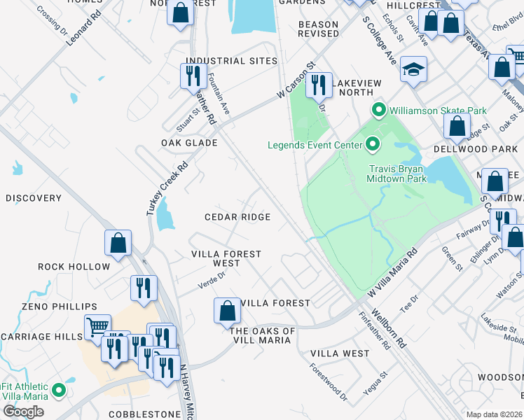 map of restaurants, bars, coffee shops, grocery stores, and more near 2805 Cypress Bend Circle in Bryan