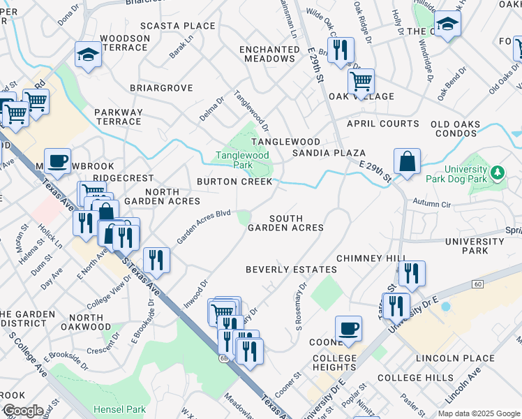 map of restaurants, bars, coffee shops, grocery stores, and more near 739 Inwood Drive in Bryan