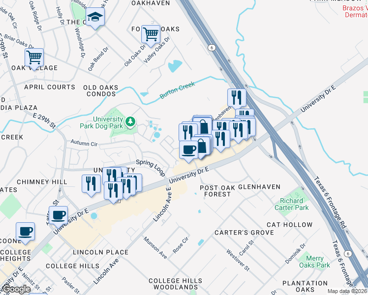 map of restaurants, bars, coffee shops, grocery stores, and more near 1405 University Drive East in College Station
