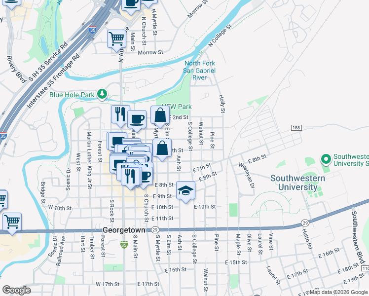 map of restaurants, bars, coffee shops, grocery stores, and more near 504 South College Street in Georgetown