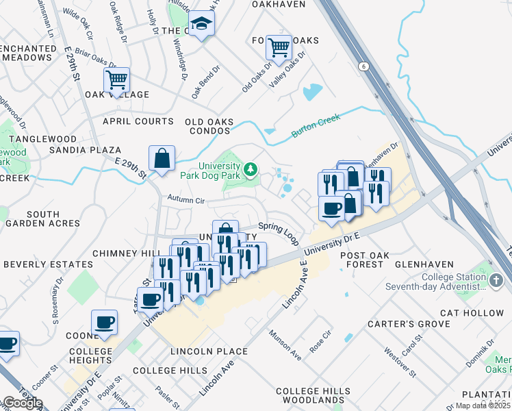 map of restaurants, bars, coffee shops, grocery stores, and more near 403A Fall Circle in College Station