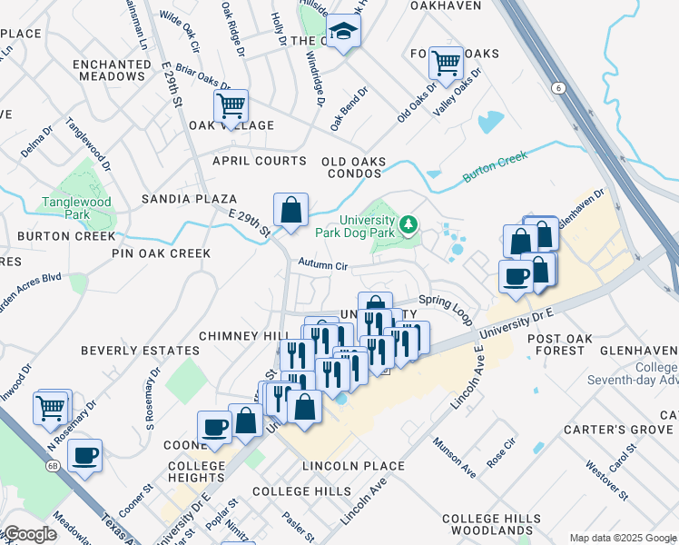 map of restaurants, bars, coffee shops, grocery stores, and more near 400 Summer Court in College Station
