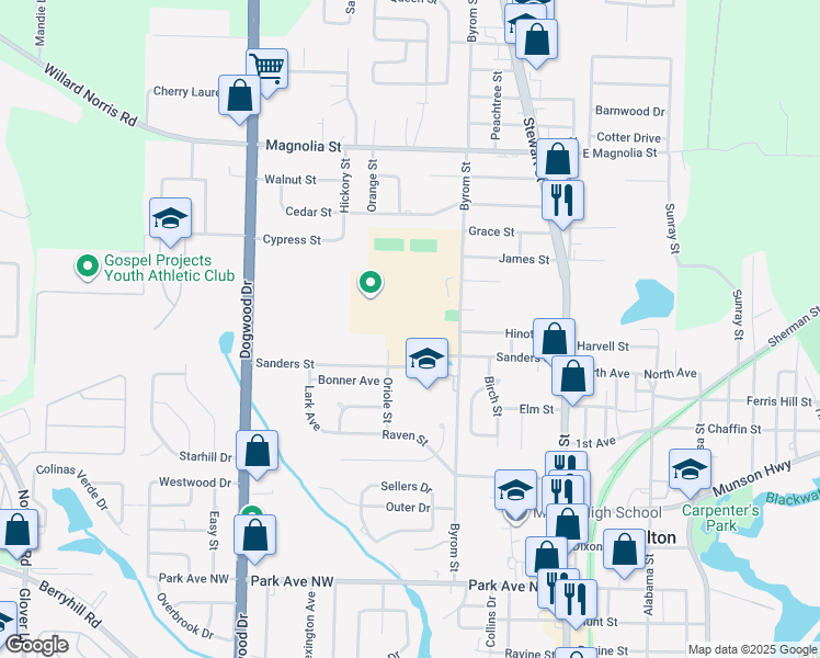 map of restaurants, bars, coffee shops, grocery stores, and more near 5629 Byrom Street in Milton