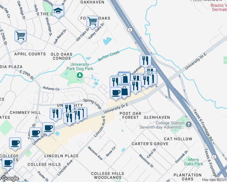 map of restaurants, bars, coffee shops, grocery stores, and more near 424 Forest Drive in College Station