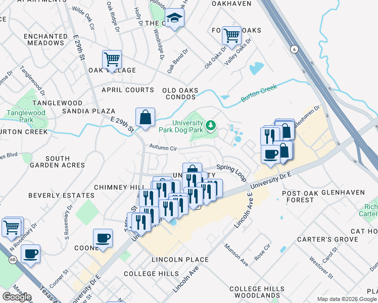 map of restaurants, bars, coffee shops, grocery stores, and more near 1005 Summer Court Circle in College Station