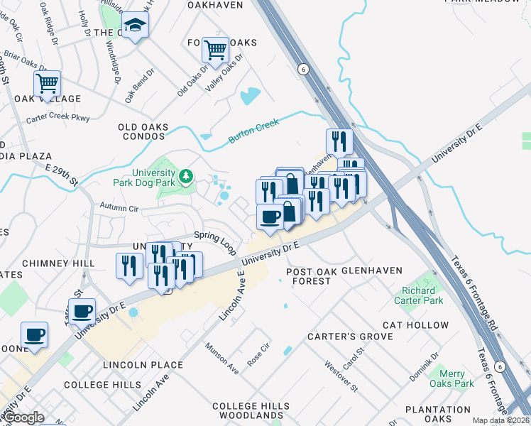 map of restaurants, bars, coffee shops, grocery stores, and more near 1405 University Drive East in College Station
