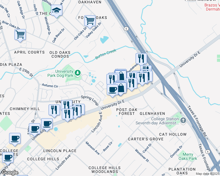 map of restaurants, bars, coffee shops, grocery stores, and more near 501 Forest Drive in College Station