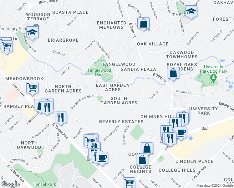 map of restaurants, bars, coffee shops, grocery stores, and more near 818 Vine Street in Bryan