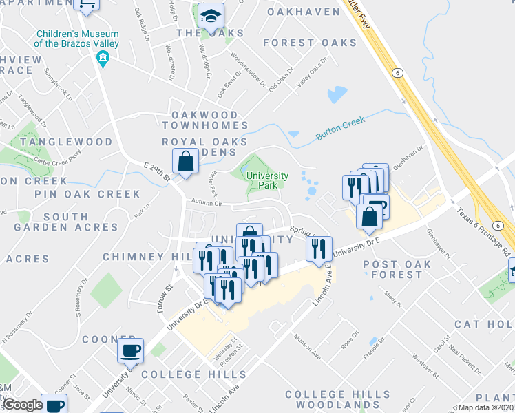 map of restaurants, bars, coffee shops, grocery stores, and more near 1005 Summer Court Circle in College Station