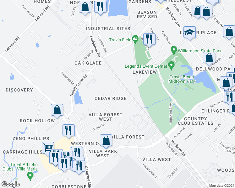 map of restaurants, bars, coffee shops, grocery stores, and more near 2805 Cypress Bend Circle in Bryan