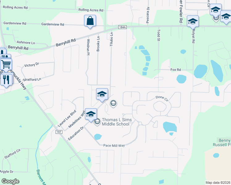 map of restaurants, bars, coffee shops, grocery stores, and more near 5540 Education Drive in Pace