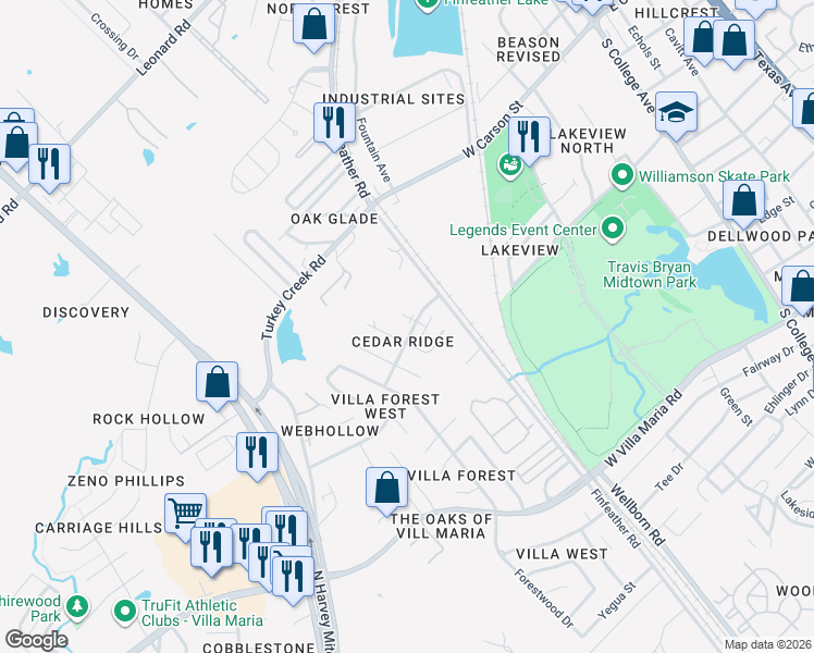 map of restaurants, bars, coffee shops, grocery stores, and more near 2711 Evergreen Circle in Bryan