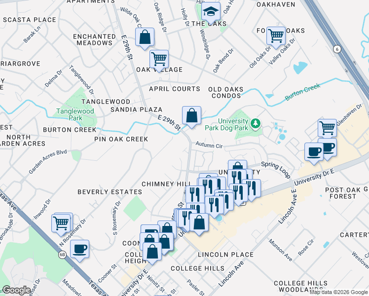map of restaurants, bars, coffee shops, grocery stores, and more near 206 Tarrow Street in College Station