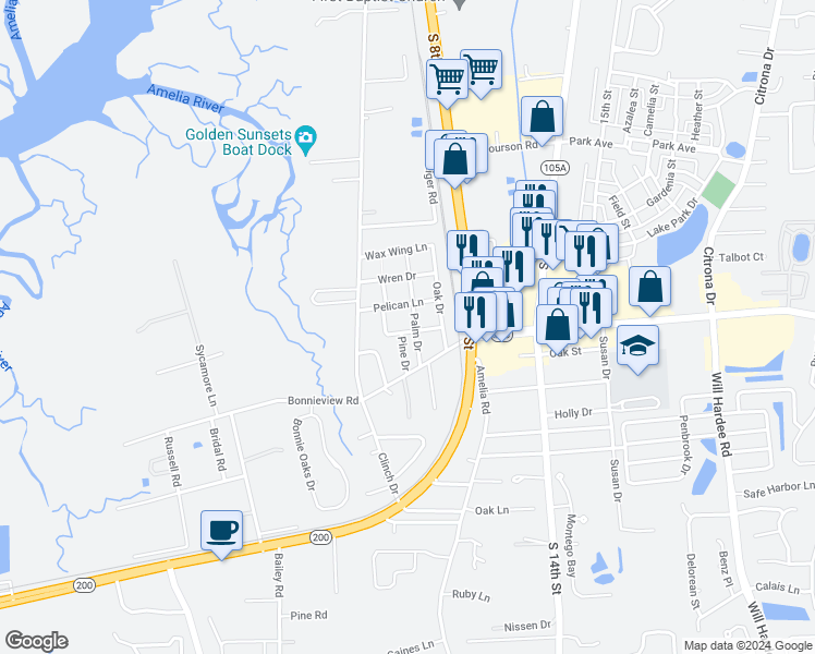 map of restaurants, bars, coffee shops, grocery stores, and more near 1961 Palm Drive in Fernandina Beach