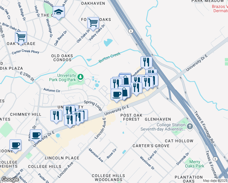 map of restaurants, bars, coffee shops, grocery stores, and more near 447 Forest Drive in College Station