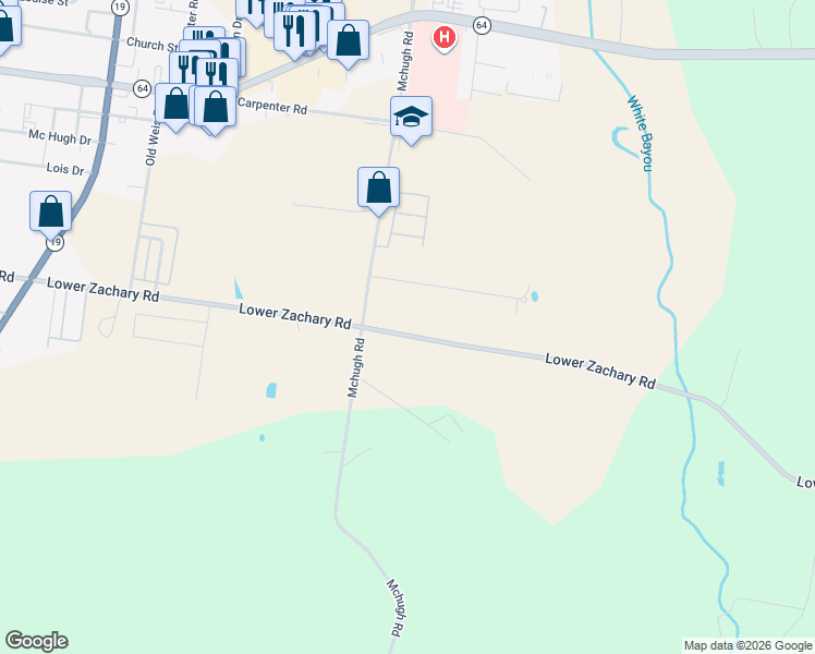map of restaurants, bars, coffee shops, grocery stores, and more near 6458 Lower Zachary Road in Zachary