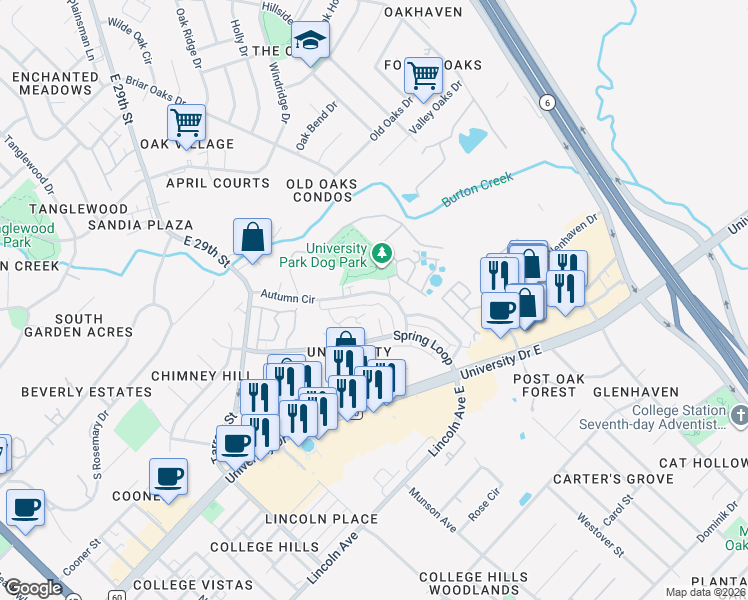 map of restaurants, bars, coffee shops, grocery stores, and more near 403A Fall Circle in College Station