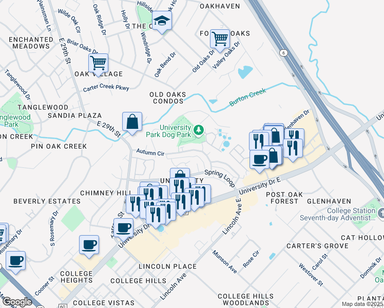map of restaurants, bars, coffee shops, grocery stores, and more near 403A Fall Circle in College Station