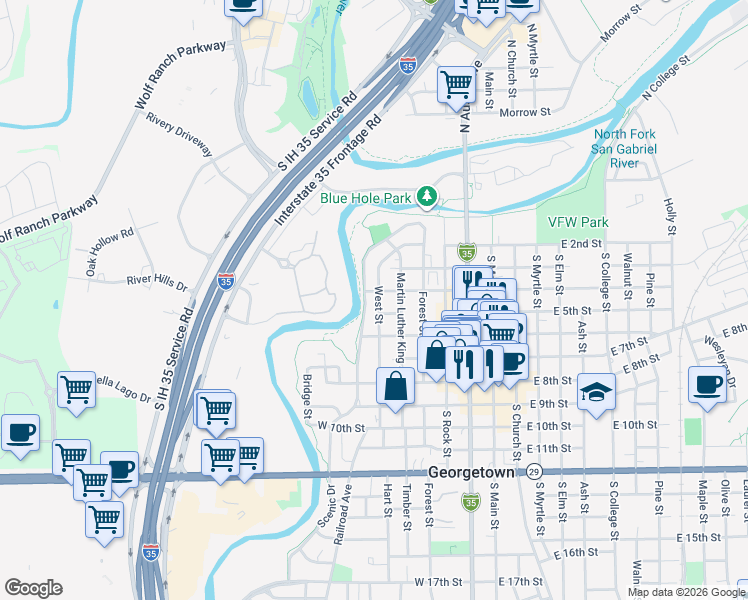 map of restaurants, bars, coffee shops, grocery stores, and more near 406 West Street in Georgetown