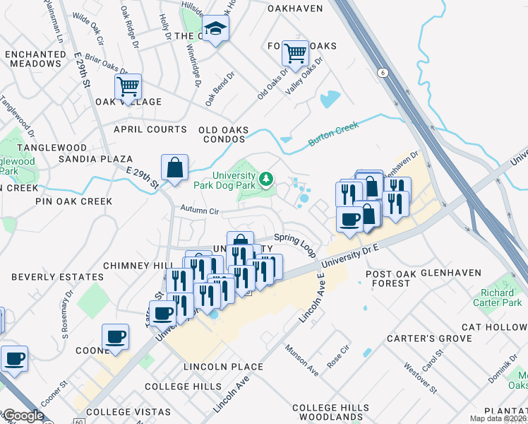 map of restaurants, bars, coffee shops, grocery stores, and more near 403A Fall Circle in College Station