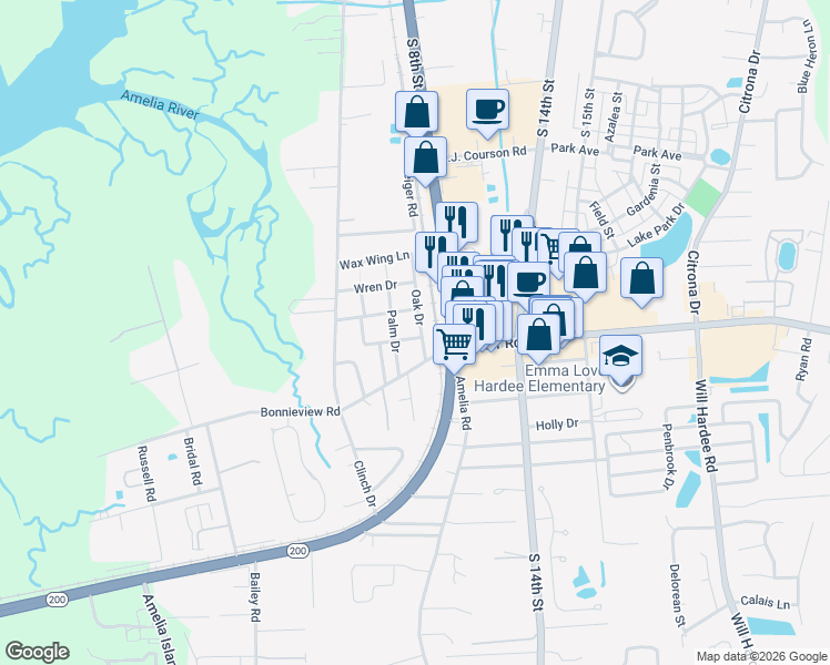 map of restaurants, bars, coffee shops, grocery stores, and more near 1976 Palm Drive in Fernandina Beach