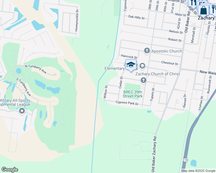 map of restaurants, bars, coffee shops, grocery stores, and more near 3452 Magnolia Avenue in Zachary