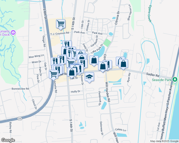 map of restaurants, bars, coffee shops, grocery stores, and more near 1453 Sadler Road in Fernandina Beach