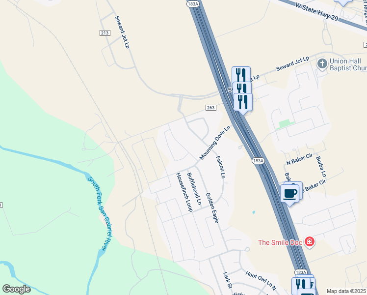 map of restaurants, bars, coffee shops, grocery stores, and more near Chickadee Lane in Leander