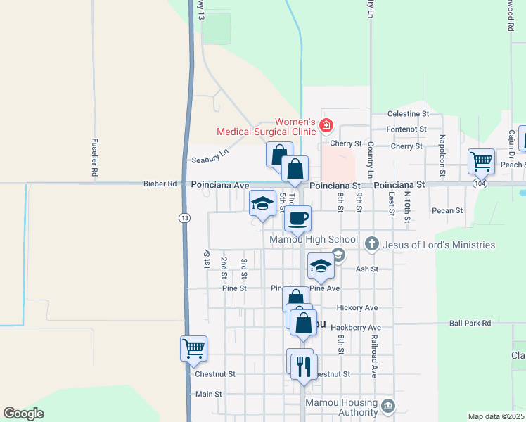 map of restaurants, bars, coffee shops, grocery stores, and more near 1205 4th Street in Mamou