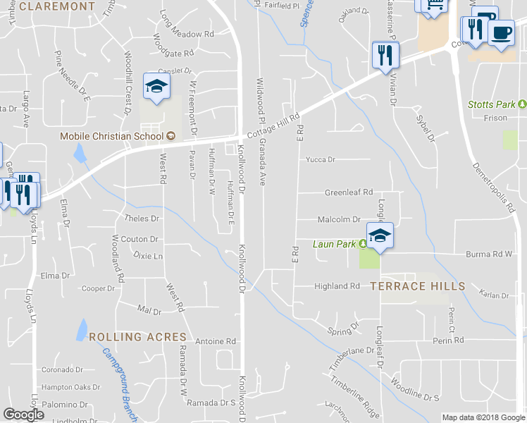 map of restaurants, bars, coffee shops, grocery stores, and more near 2435 Granada Avenue in Mobile